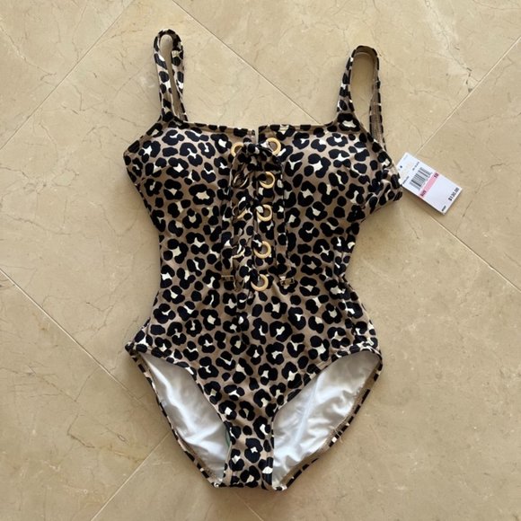 Michael Kors Cheetah Print One Piece Lace-up Swimsuit Size 10 - Picture 1 of 10